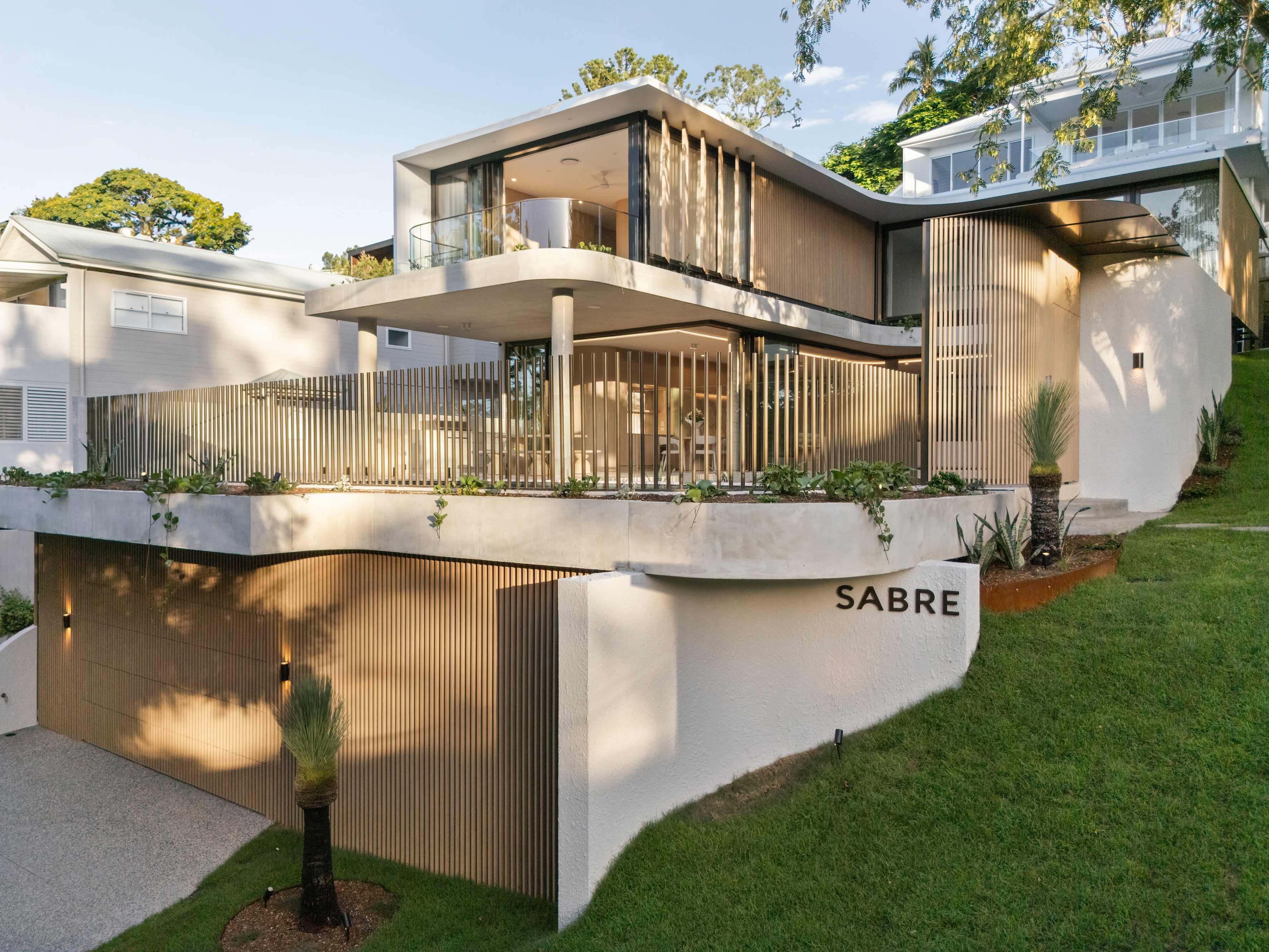 The sculptural exterior and Sabre gatehouse